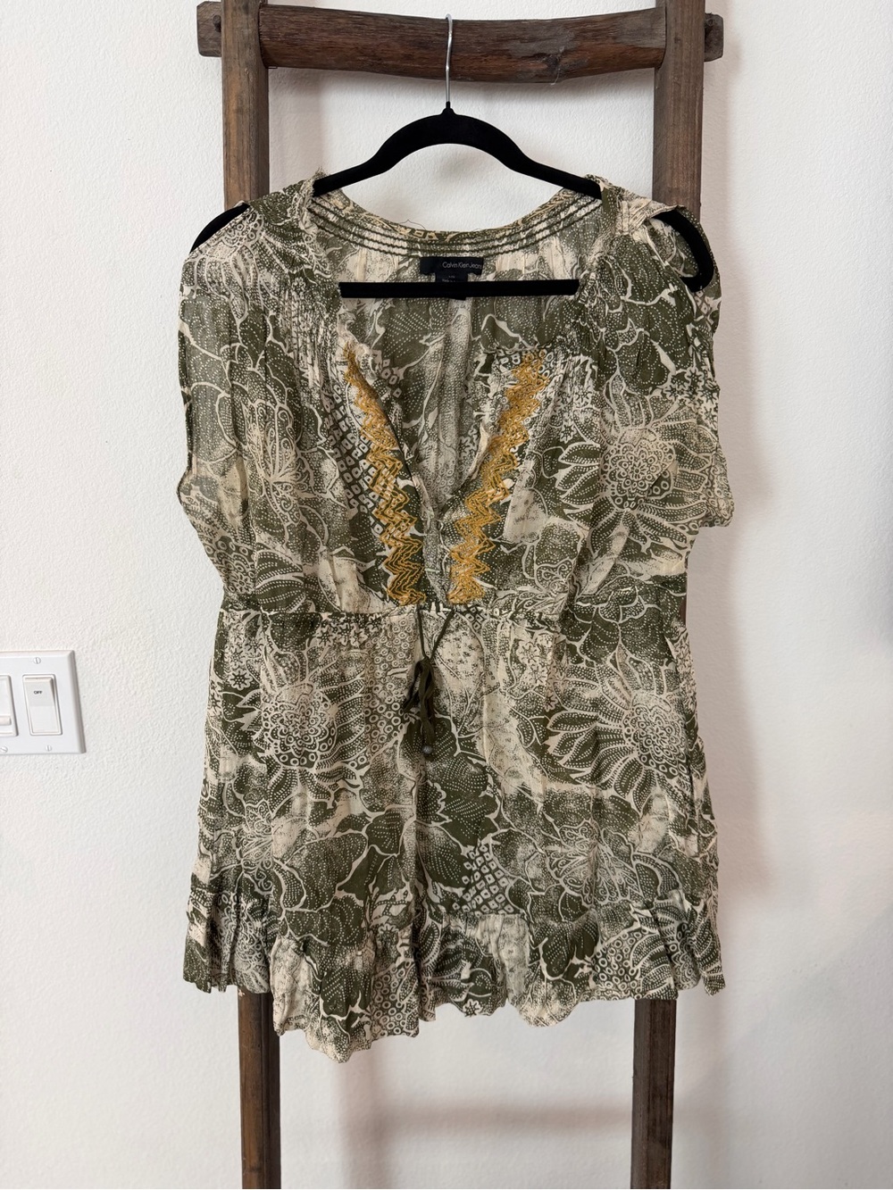 Calvin Klein Jeans Olive and Cream Floral Embroidered V-Neck Tunic